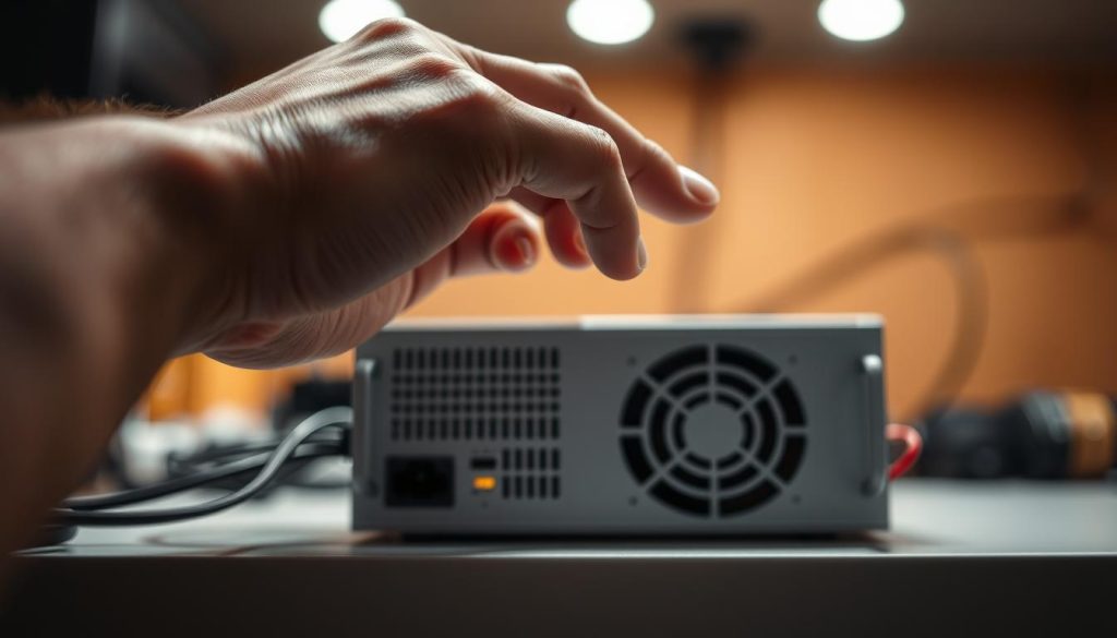 A close-up view of a person's hand reaching towards a power supply, with the intent of shutting it off. The scene is well-lit, with soft, diffused lighting that highlights the intricate details of the hand and the power supply. The background is slightly blurred, drawing the viewer's attention to the central action. The composition is balanced, with the power supply occupying the middle ground and the hand in the foreground, creating a sense of depth and focus. The overall mood is one of purposeful action, with a sense of care and attention paid to the task at hand.