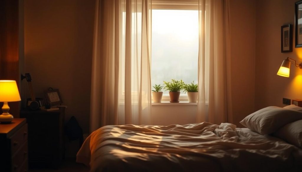 A cozy, dimly lit bedroom at night, with a calming atmosphere. The room is illuminated by warm, soft lighting from a bedside lamp, casting a golden glow across the scene. In the foreground, an open window allows a gentle breeze to flow through, billowing sheer curtains. On the windowsill, potted plants sway softly, their leaves rustling. In the middle ground, a comfortable-looking bed is made up with crisp, light-colored linens, inviting relaxation. The background features a simple, uncluttered wall, with a few framed pictures or artwork adding subtle visual interest. The overall mood is one of tranquility and coolness, suggesting effective ways to keep the home cozy and comfortable during the warm night hours.