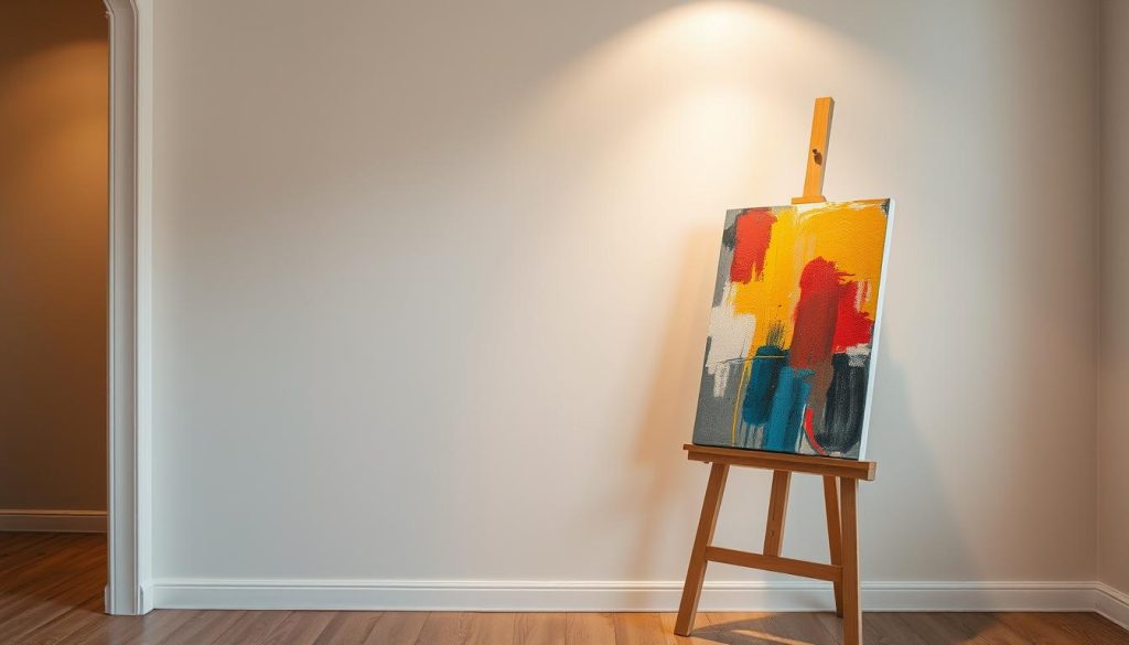 A cozy interior scene with a freshly painted wall, the surface smooth and even, reflecting the warm ambient lighting. On a wooden easel, an abstract painting comes to life, its vibrant brushstrokes complementing the neutral tones of the newly repaired wall. The space exudes a sense of calm and artistic expression, inviting the viewer to appreciate the thoughtful process of wall repair and subsequent artistic expression.