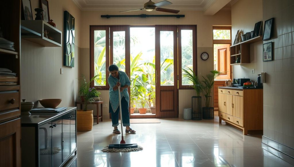 A cozy, well-lit interior of a traditional Indian home, the sunlight filtering in through the windows after a heavy monsoon rain. In the foreground, a family member carefully mops the clean, gleaming floors, wiping away the last vestiges of the storm's aftermath. Shelves and surfaces are meticulously dusted, restoring order to the space. In the background, a window opens to a lush, verdant garden, the fresh scent of petrichor filling the air. The atmosphere is one of renewal and rejuvenation, reflecting the care and attention paid to maintaining the home in the wake of the recent downpour.