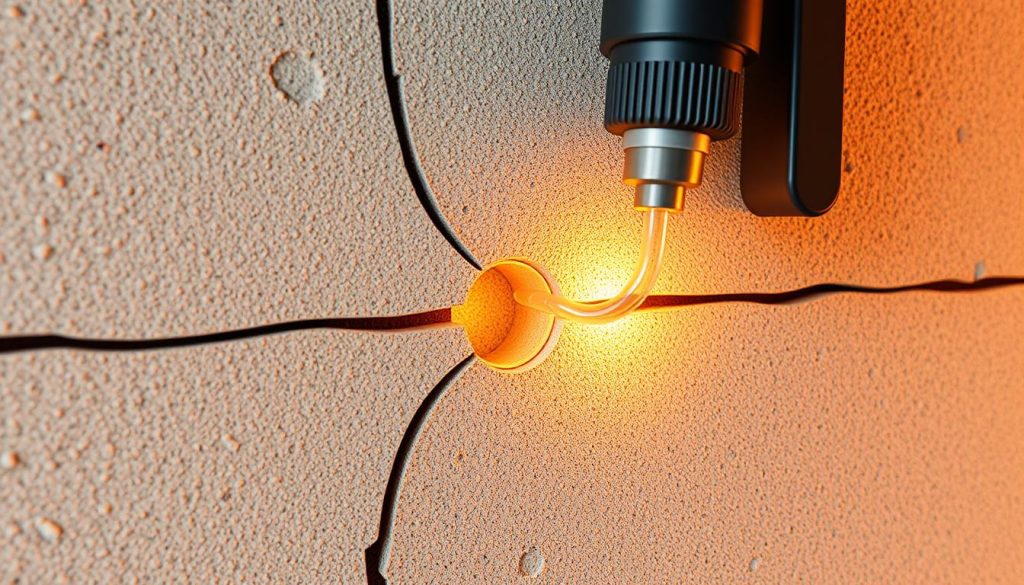 A cross-sectional view of an epoxy injection process, showcasing the intricate details of the technique used to repair cracks in walls. The image should depict the step-by-step process, with a clear focus on the epoxy being injected into the crack, creating a seamless bond. The background should feature a textured wall surface, highlighting the problem at hand. Warm, natural lighting should illuminate the scene, conveying a sense of professionalism and expertise. The overall composition should be balanced, with a clean and technical aesthetic, emphasizing the effectiveness of the epoxy injection method.