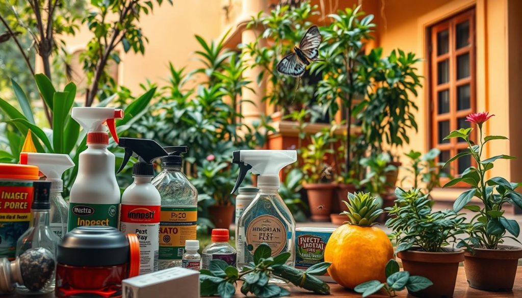 A detailed close-up view of various pest control methods and natural techniques for protecting a home during the monsoon season. The foreground depicts an array of eco-friendly insect repellents, traps, and organic pesticides. The middle ground showcases a well-maintained, lush garden with strategically placed plants that naturally deter common household pests. The background features a warm, sun-dappled exterior of a traditional Indian home, reflecting the seasonal ambiance. The lighting is soft and diffused, emphasizing the natural, holistic approach to pest management. The overall composition conveys a sense of balance, comfort, and environmental awareness in safeguarding a home from unwanted insects during the monsoon.