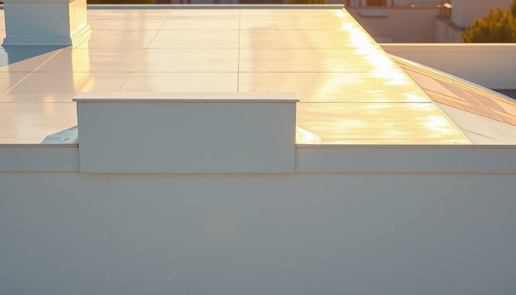 A detailed, high-resolution image of a building exterior showcasing heat-reflective rooftop paint. The paint has a shiny, metallic finish that glistens under warm, natural lighting. The walls and roof are painted in a bright, reflective white color that effectively radiates heat. The paint is evenly applied, creating a uniform surface with minimal visible brushstrokes. The architectural style is neutral, allowing the paint to be the focal point. The image captures the paint's ability to reduce solar heat absorption and keep the interior cool, without relying on air conditioning.