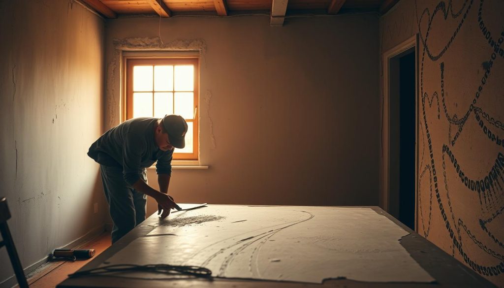A detailed interior scene of a dimly lit workroom, illuminated by warm, natural light filtering through a window. In the foreground, a worker is hunched over a drywall surface, expertly smoothing a thick layer of joint compound with a putty knife. The middle ground reveals various tools and materials scattered on a worn wooden table, hinting at the process of wall preparation. In the background, the rough, unfinished texture of the bare wall contrasts with the refined, finished areas, highlighting common mistakes made during plastering. The overall atmosphere conveys a sense of careful attention to detail, with a focus on the challenges and techniques involved in properly applying joint compound.