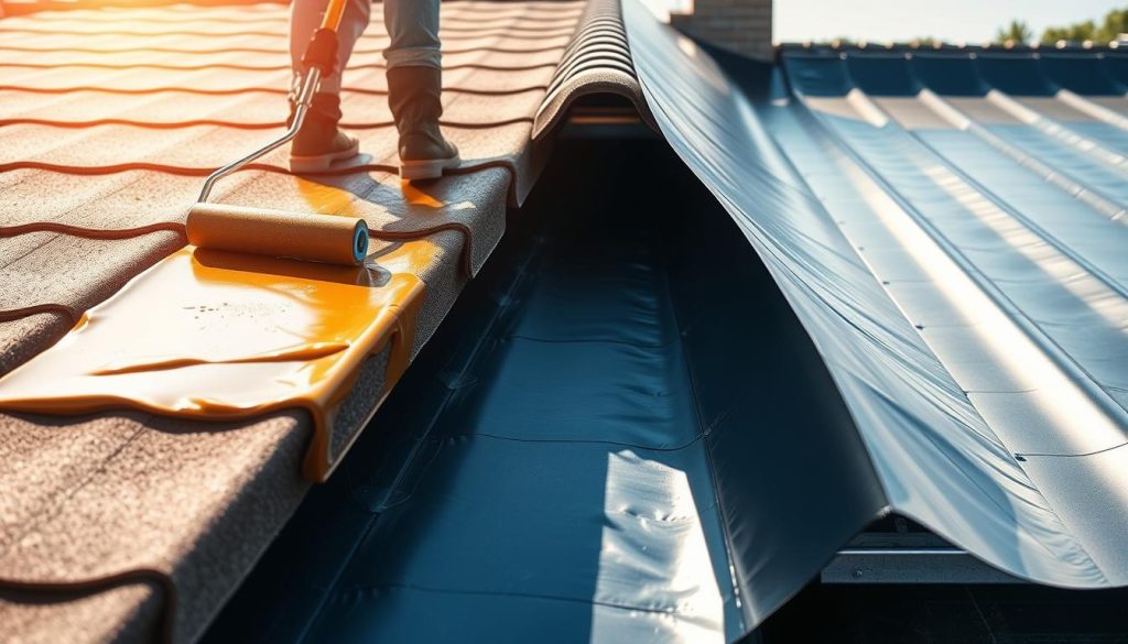 A detailed multi-layered image depicting the step-by-step waterproofing process for a roof. In the foreground, a worker applies a viscous sealant to the roof surface with a roller. The middle ground shows the application of a waterproof membrane, its edges overlapping and being carefully sealed. In the background, the newly waterproofed roof is visible, with sunlight reflecting off its shiny surface. The scene conveys a sense of methodical craftsmanship, with the worker's movements precisely executed under bright, evenly diffused lighting that accentuates the textures of the materials. The overall mood is one of diligence and attention to detail in ensuring an effective and long-lasting roof waterproofing.