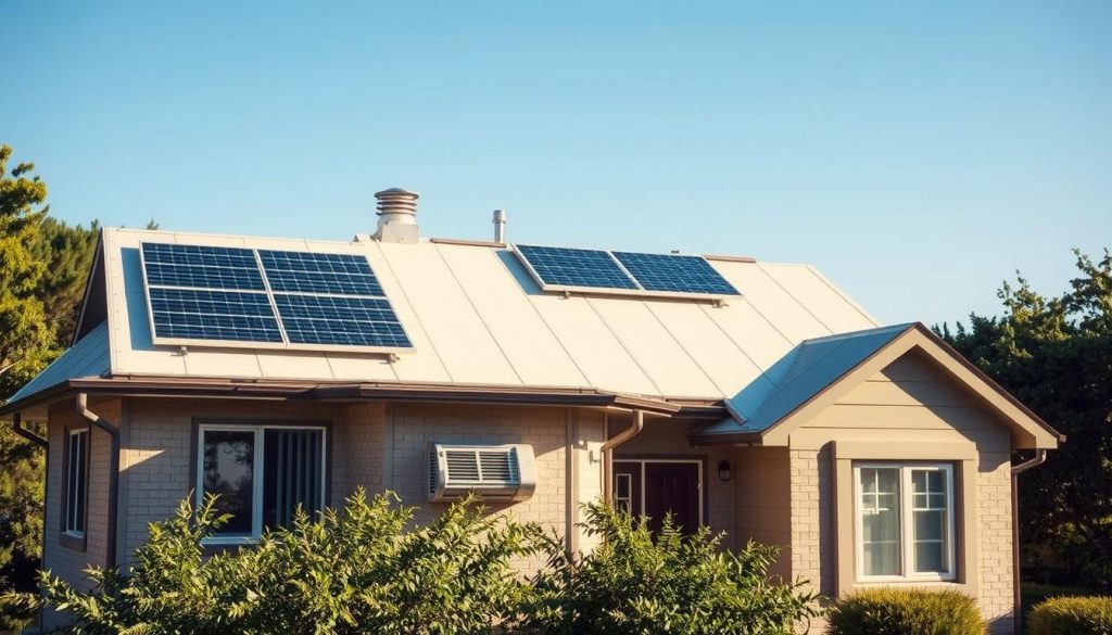A detailed, well-designed cool roof installation on a suburban house, showcasing the various elements and preparation steps. The roof has a bright, reflective surface with solar panels mounted neatly. The house is surrounded by lush greenery, with a clear blue sky overhead. Warm, natural lighting illuminates the scene, creating a serene, energy-efficient atmosphere. The composition highlights the roof's innovative cooling features, including ventilation systems and insulation materials, to illustrate the DIY guide's subject matter. The image conveys a sense of sustainability and comfort, reflecting the article's focus on maintaining a cool home without air conditioning.