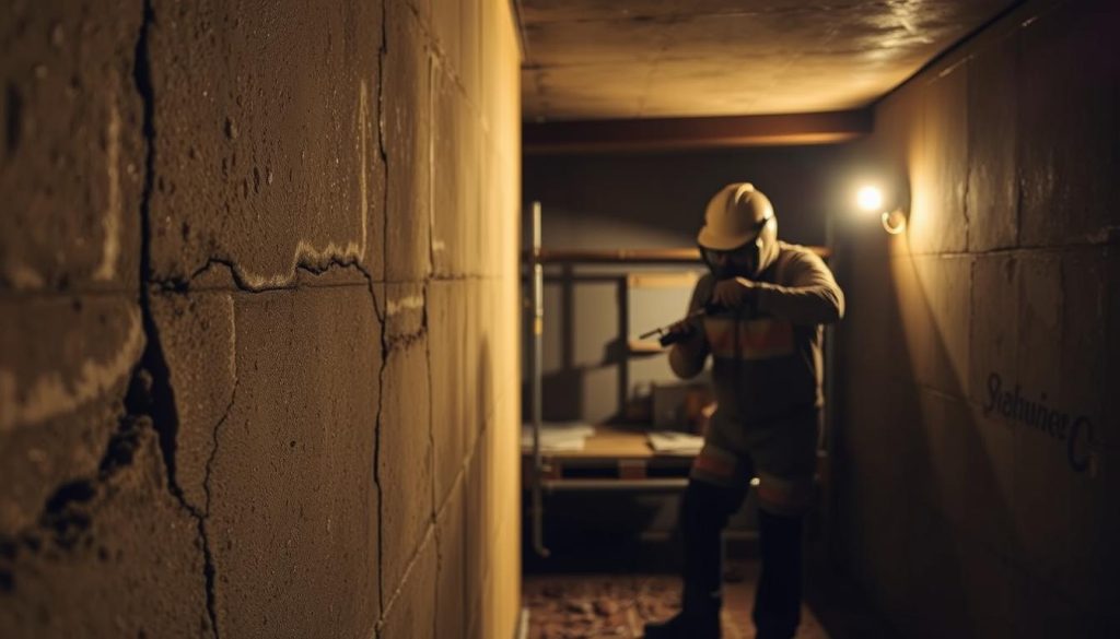 A dimly lit interior scene showcasing the process of injection damp proofing. In the foreground, a close-up view of a concrete wall with visible cracks and moisture stains. In the middle ground, a technician in protective gear drilling into the wall, preparing to inject a damp-proofing sealant. The background depicts a construction site environment, with scaffolding and building materials visible. The lighting is warm and subdued, casting soft shadows that accentuate the texture of the wall. The overall atmosphere conveys a sense of expertise and attention to detail required for this specialized damp-proofing technique.