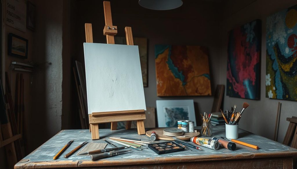 A dimly lit studio space, with a prominent wooden easel showcasing an unfinished painting. Various brushes, palette knives, and paint tubes are scattered on a weathered workbench, suggesting the tools of the trade. The walls are adorned with vibrant, textured paintings, hinting at the diverse styles and techniques mastered by the artist. Soft, warm lighting illuminates the scene, creating a contemplative atmosphere. The composition emphasizes the importance of proper painting equipment and techniques, inviting the viewer to consider their own approach to the creative process.