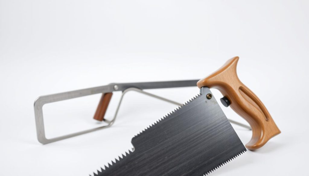 A high-quality, detailed image of two hand tools - a hand saw and a hacksaw, arranged against a clean, minimalist background with soft studio lighting. The hand saw should be positioned prominently in the foreground, showcasing its sharp teeth and sturdy wooden handle. The hacksaw should be placed in the middle ground, highlighting its slender, metallic frame and fine-toothed blade. The background should be a simple, neutral color that allows the tools to stand out. Convey a sense of craftsmanship, precision, and the essential nature of these tools for home repairs and DIY projects.