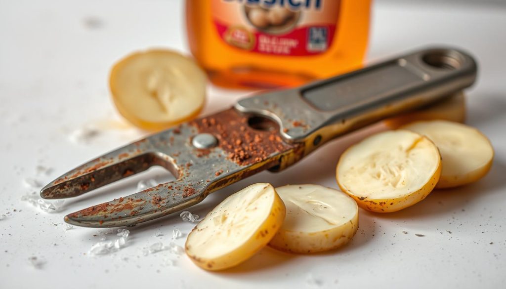 A highly detailed, high-resolution image of a rusty metal tool being cleaned using a combination of potato slices and dishwashing liquid. The tool is positioned in the foreground, with the potato slices and dishwashing liquid container visible on a clean, white background. The scene is well-lit, with soft, natural lighting highlighting the textures and colors of the materials. The overall mood is one of cleaning and restoration, conveying the effectiveness of the simple, DIY rust removal method.