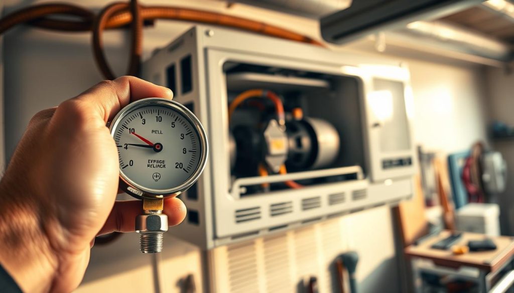 A meticulously crafted image showcasing the refrigerant level check in an air conditioning system. The foreground depicts a technician's hand holding a refrigerant gauge, the dial displaying the current level. In the middle ground, the open panel of the AC unit reveals the intricate components, including the compressor and coolant lines. The background features a clean, well-lit workshop setting, with tools and equipment neatly organized, conveying a sense of professionalism and attention to detail. The lighting is warm and natural, casting subtle shadows that add depth and dimension to the scene. The overall mood is one of precision, efficiency, and the careful maintenance of a vital household appliance.