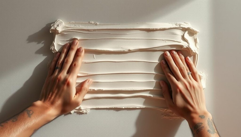 A meticulously rendered scene depicting the methodical application of several layers of putty on a wall, showcasing the precise technique required for a flawless finish. The textures of the putty should be tactile and nuanced, with a slight sheen from careful smoothing. Soft, diffused lighting illuminates the process, casting subtle shadows that accentuate the depth and dimensionality of the layered putty. The composition should be centered and symmetrical, emphasizing the importance of this crucial step in the wall preparation process. The overall mood should convey a sense of patient craftsmanship and attention to detail.