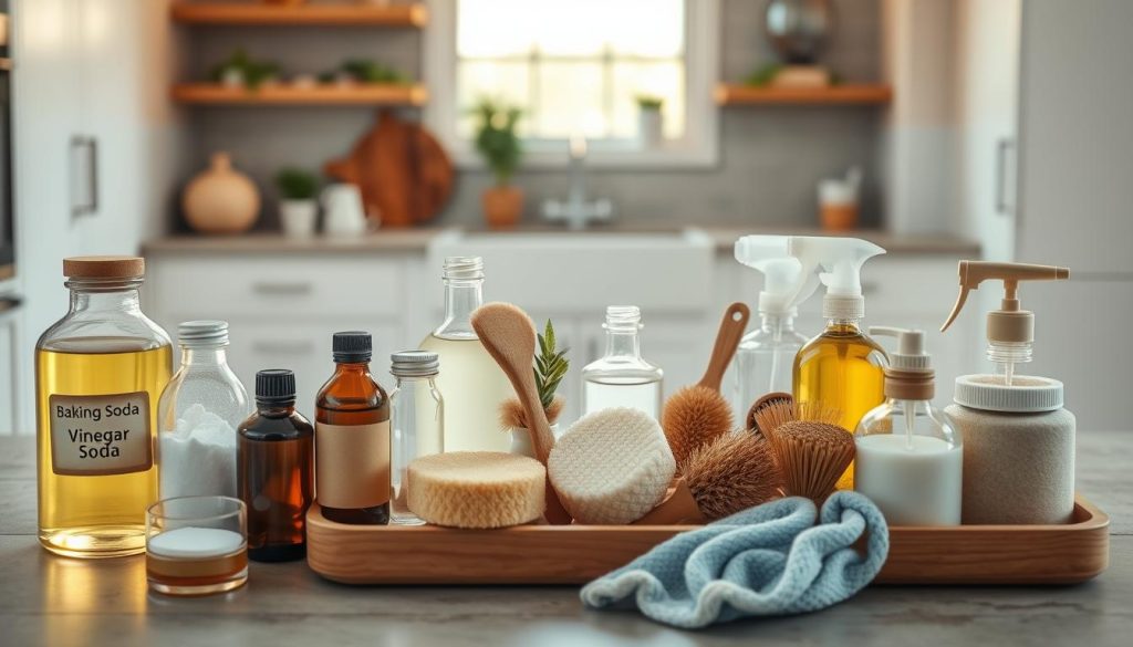 A serene and minimalist image showcasing an array of natural cleaning products. In the foreground, an assortment of glass jars and bottles filled with eco-friendly solutions like baking soda, vinegar, and essential oils. The middle ground features a wooden tray with a variety of natural scrubbing pads, brushes, and sponges. In the background, a simple yet elegant kitchen counter or table, illuminated by warm, natural lighting from a large window. The overall atmosphere is one of simplicity, sustainability, and a commitment to a greener, healthier cleaning routine.