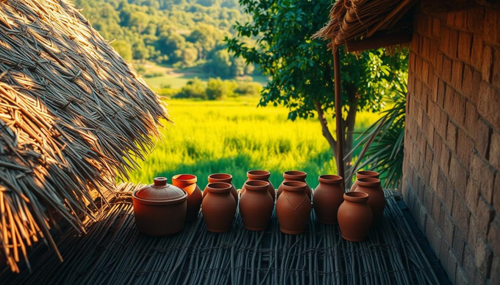A simple yet effective DIY cool roof solution, showcasing local, affordable materials. In the foreground, a vibrant thatched roof structure with intricate patterns, casting organic shadows. In the middle, an array of terracotta pots, proudly displaying their natural terracotta hue, strategically placed to create a cooling airflow. In the background, a lush, verdant landscape, reflecting the harmony between traditional techniques and sustainable living. The scene is bathed in warm, golden sunlight, conveying a sense of rustic charm and practicality. The overall composition emphasizes the beauty and cost-effectiveness of this indigenous cooling method, perfectly suited for the local climate and context.