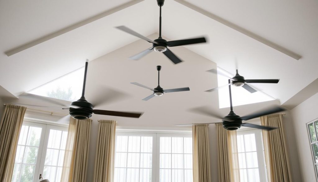 A spacious, well-lit living room with a soaring ceiling. Strategically placed oscillating fans generate a gentle breeze, gently ruffling the curtains that frame large windows. The fans' blades are sleek and modern, their motion creating a mesmerizing visual rhythm. The room is sparsely furnished, allowing the airflow to circulate freely. The atmosphere is tranquil, with soft natural light filtering in, creating a serene, comfortable environment ideal for escaping the summer heat without relying on an air conditioner.