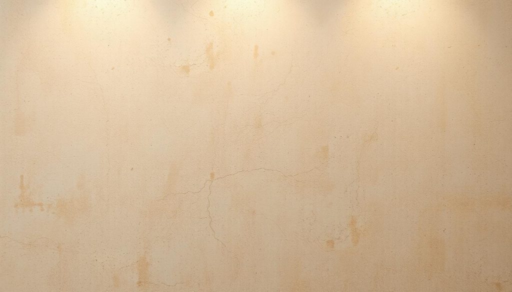 A textured, mottled concrete wall in a warm, neutral color palette. The surface has a tactile, organic quality with subtle variations in tone and depth. Soft, diffused lighting from an overhead source casts gentle shadows, accentuating the dimensional texture. The wall fills the frame, creating an immersive, almost tactile experience. The finish appears durable and weathered, with a rustic, handcrafted aesthetic that would complement a range of interior design styles.