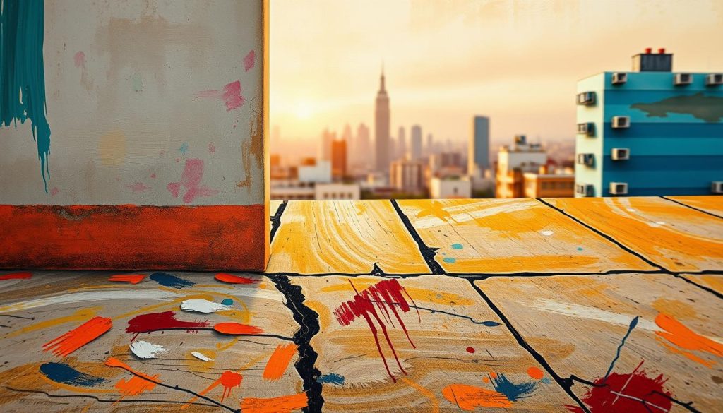 A vibrant and textured painting showcasing diverse surface techniques. A foreground of bold, expressive brushstrokes in a range of colors dances across a middle ground of varied surfaces - smooth stucco, rustic wood, and gritty concrete. The background features a softly blurred cityscape, bathed in warm, golden lighting that creates a sense of depth and atmosphere. The overall composition is balanced, with a harmonious interplay of textures, tones, and techniques that capture the nuances of painting on different substrates. The scene conveys a sense of artistic exploration and the versatility of the medium.