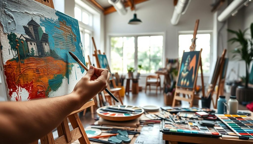 A vibrant indoor scene showcasing various painting techniques and tools. In the foreground, a skilled artist's hands delicately apply oil paint onto a canvas, creating bold, textured brushstrokes. In the middle ground, an array of paintbrushes, palette knives, and color palettes are neatly arranged, conveying the artist's meticulous preparation. The background features a well-lit studio space with large windows, allowing natural light to illuminate the scene and cast soft shadows. The overall mood is one of focused creativity and artistic mastery, capturing the essence of the painting process.