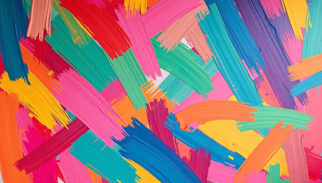 A vibrant, multi-colored abstract wall texture with bold, overlapping brushstrokes in a variety of hues. The paint is applied in a playful, expressive manner, creating a dynamic, eye-catching pattern that appears to cascade across the surface. The lighting is warm and diffused, highlighting the depth and texture of the paint. The overall composition is visually striking, with a sense of movement and energy that would make an impactful backdrop or accent wall for a modern, creative interior space.
