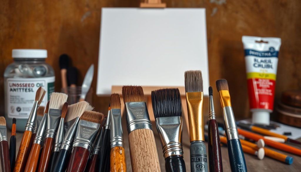 A well-lit, artfully arranged still life of painting tools against a warm, earthy backdrop. In the foreground, an assortment of high-quality brushes, their bristles glistening with fresh paint. Behind them, a palette knife, a small jar of linseed oil, and a tube of vibrant acrylic paint. In the middle ground, a wooden easel supports a blank canvas, ready to capture the artist's vision. The background features a textured wall, hinting at the creative studio environment. Soft, diffused lighting illuminates the scene, casting gentle shadows and highlighting the rich, tactile nature of the materials. The overall composition conveys a sense of anticipation and the joy of the creative process.