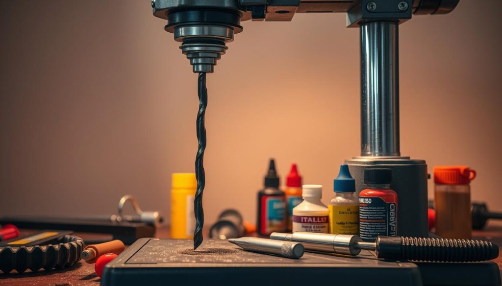 A well-lit, close-up view of a professional-grade drill machine, its metal casing gleaming under warm studio lights. The drill bit is extended, suggesting it is in active use. The scene conveys a sense of careful maintenance and attention to detail, with various tools and lubricants arranged neatly around the machine, ready for the user to service and clean the components. The background is a neutral, uncluttered workspace, allowing the drill machine to be the central focus. The overall mood is one of efficiency, precision, and the importance of regular upkeep for optimal performance and safety.