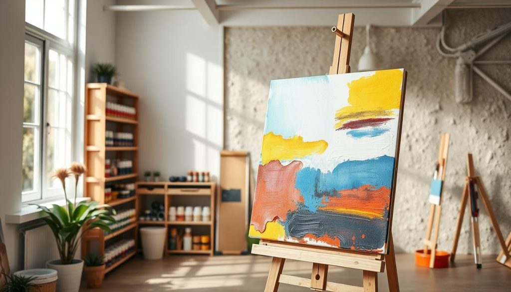 A well-lit, expansive studio space with natural lighting streaming in through large windows. In the foreground, an artist's easel displays a vibrant canvas, showcasing a range of painting techniques - from layered brushstrokes to sponge-blended gradients, creating a visually captivating textural display. In the middle ground, shelves brimming with an assortment of paint tubes, brushes, and palette knives suggest a creative workspace. The background features a textured wall, hinting at the potential for various painting techniques to transform surfaces, setting the stage for a visually immersive exploration of the art of wall transformation.