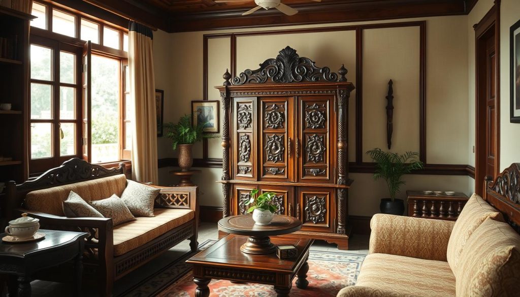 A well-lit, high-quality photograph of a cozy, traditional Indian living room. The focal point is a beautifully crafted wooden cabinet, its intricate carvings and polished finish showcasing the craftsmanship. Surrounding the cabinet are other wooden furniture pieces, including a side table and a loveseat, all arranged in a visually harmonious manner. Soft, natural lighting filters through large windows, casting a warm, inviting glow on the scene. The room's overall atmosphere is one of comfort, elegance, and reverence for the timeless beauty of Indian woodwork. The image conveys the importance of protecting and preserving these cherished furniture pieces, especially during the challenging monsoon season.