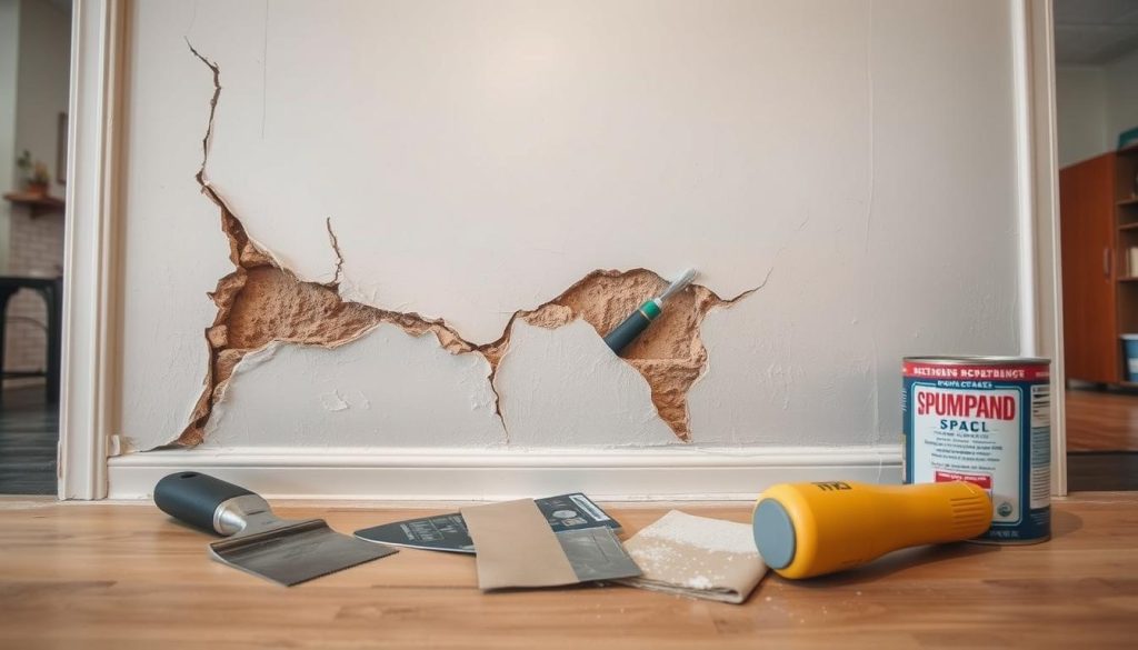 A well-lit scene of a residential interior featuring a section of a damaged wall with large, deep cracks running through it. The cracks are jagged and uneven, indicating significant structural damage. In the foreground, various household repair tools are neatly arranged, including a trowel, putty knife, sandpaper, and a can of joint compound. The middle ground showcases a step-by-step process of patching and smoothing the damaged area, with the tools in use. The background provides a glimpse of the rest of the room, creating a sense of context and setting. The overall mood is one of problem-solving and DIY home improvement, with a focus on the effective techniques for repairing large, problematic cracks in walls.