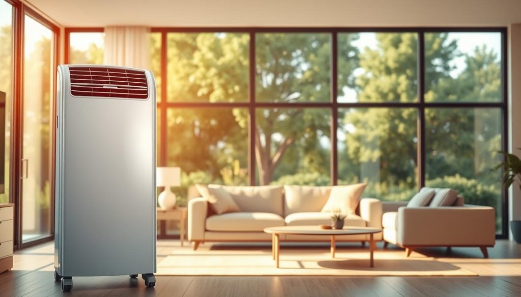 An air conditioner unit in a modern, minimalist living room, bathed in warm, diffused lighting. The AC stands prominently in the foreground, its sleek, white exterior reflecting the soft illumination. The middle ground features a comfortable sofa and end tables, creating a cozy, temperature-controlled atmosphere. In the background, large windows offer a view of a lush, green outdoor landscape, emphasizing the contrast between the controlled indoor climate and the natural world beyond. The scene conveys a sense of comfort, relaxation and efficient temperature regulation, perfectly suited to illustrate the use of air conditioning to keep a home cool during the hot summer months.