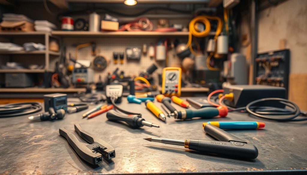 An industrial workshop with various electrical tools and equipment laid out on a workbench. The scene is well-lit, with warm, directional lighting casting subtle shadows and highlights on the metal surfaces. In the foreground, a pair of pliers, wire clippers, and a screwdriver are arranged neatly, ready for use. In the middle ground, a soldering iron, multimeter, and other specialized tools are visible, indicating the skilled nature of the task at hand. The background showcases shelves filled with spare parts, wires, and other electrical components, suggesting a comprehensive toolkit for dealing with rust and corrosion on a variety of electrical devices.