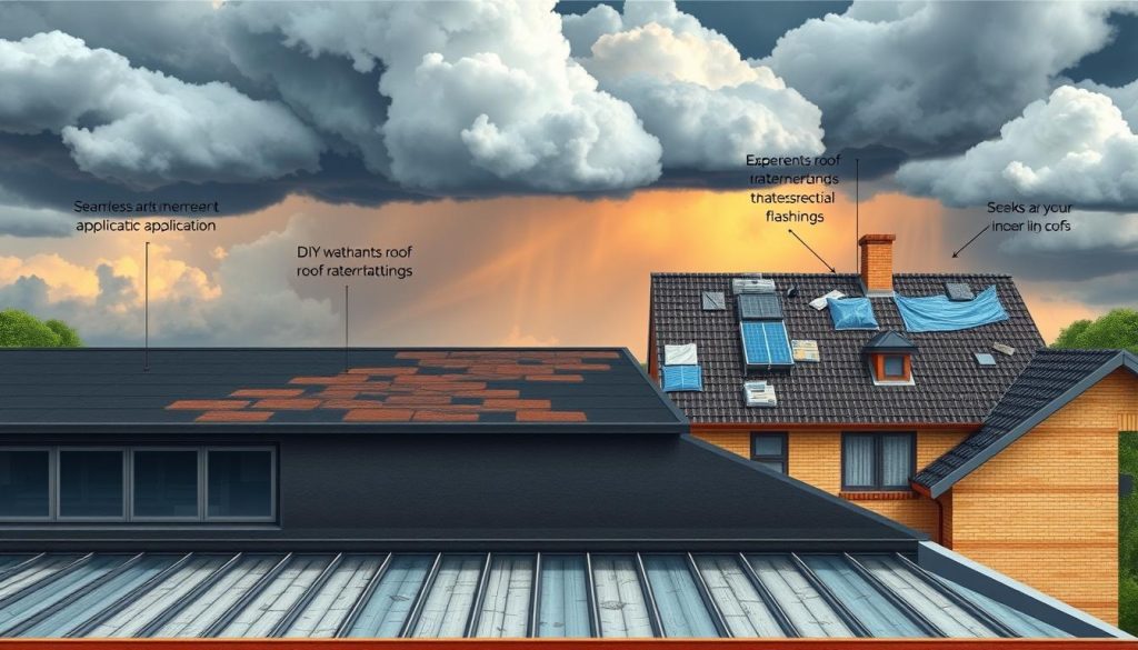 Detailed architectural illustration showcasing the contrast between professional and DIY roof waterproofing solutions. In the foreground, a commercial building's roof with seamless modern membrane application, sleek drainage, and expertly installed flashings. In the middle ground, a residential home's roof with a DIY patchwork of sealants, tarps, and makeshift repairs. The background depicts dramatic storm clouds, emphasizing the importance of reliable, long-lasting roof protection. Crisp, high-resolution rendering with realistic textures, warm lighting, and a sense of technical authority.