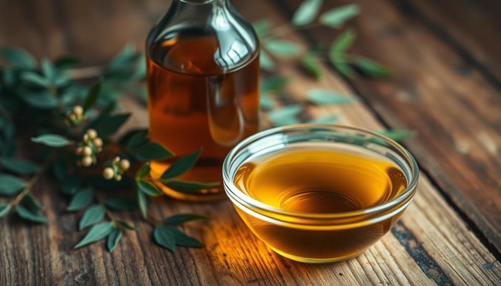 A well-lit, close-up shot of a wooden surface, featuring a glass bottle filled with a rich, amber-colored neem oil. Surrounding the bottle are sprigs of fresh neem leaves, their delicate green hues contrasting with the warm tones of the wood. In the foreground, a bowl of translucent, natural oils, such as jojoba or coconut, stands ready to be combined with the neem oil for a soothing, homemade solution to treat damp, moldy walls. The composition evokes a sense of natural, holistic remedies, with a serene, earthy atmosphere conveyed through the use of soft, diffused lighting and a muted color palette.