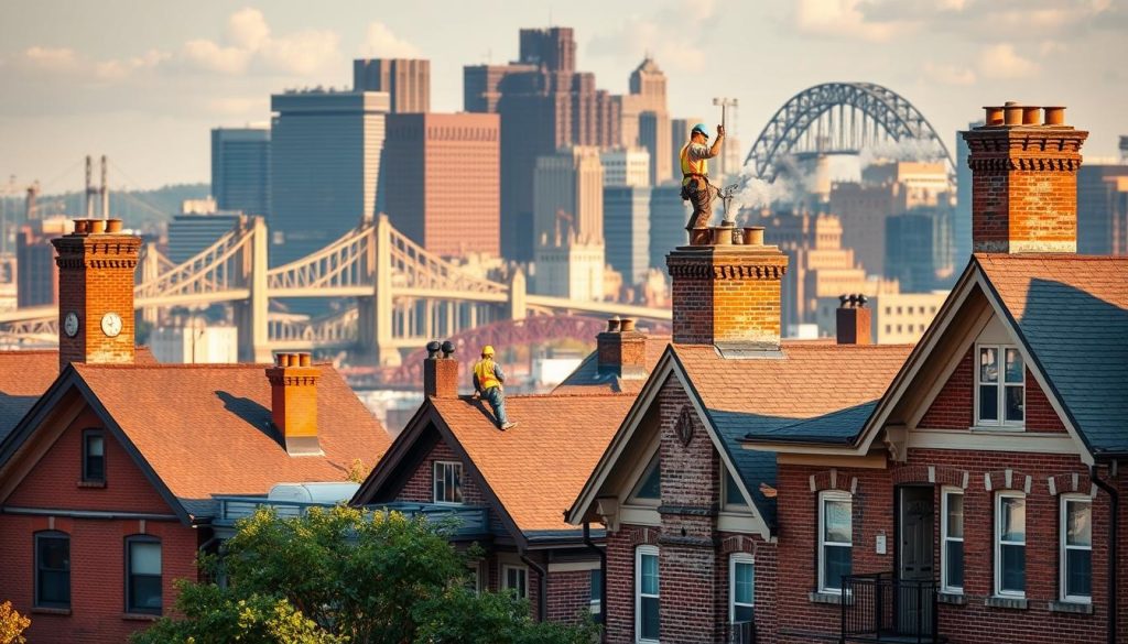 A bustling urban scene in Pittsburgh, Pennsylvania, featuring the city's skyline with the iconic steel bridges and skyscrapers in the background. In the foreground, several well-maintained, two-story brick and stone houses with ornate chimneys stand prominently, their flues emitting wisps of smoke. A team of professional chimney contractors, dressed in safety gear, are working diligently on one of the chimneys, carefully inspecting and repairing it to ensure optimal performance and safety. The lighting is warm and natural, casting a golden glow over the scene, conveying a sense of reliability and expertise in the local chimney repair services. A bustling urban scene in Pittsburgh, Pennsylvania, featuring the city's skyline with the iconic steel bridges and skyscrapers in the background. In the foreground, several well-maintained, two-story brick and stone houses with ornate chimneys stand prominently, their flues emitting wisps of smoke. A team of professional chimney contractors, dressed in safety gear, are working diligently on one of the chimneys, carefully inspecting and repairing it to ensure optimal performance and safety. The lighting is warm and natural, casting a golden glow over the scene, conveying a sense of reliability and expertise in the local chimney repair services.