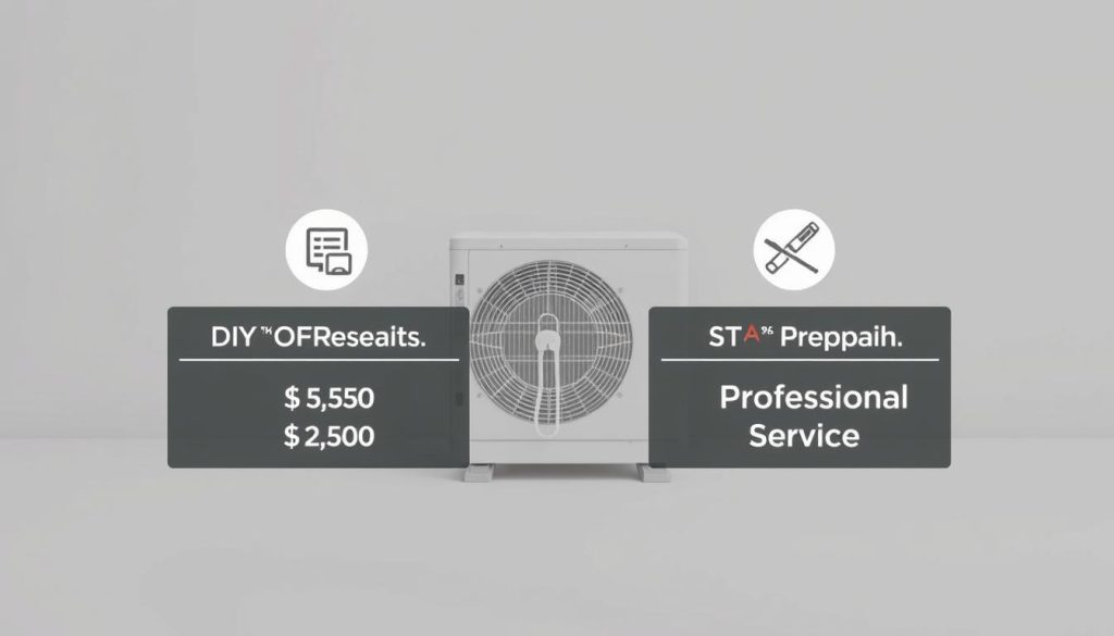 A clean, minimalist diagram comparing the costs of DIY AC repair versus professional service. In the foreground, two neatly arranged columns show the estimated costs for each option, using simple icons and text to convey the key information. The middle ground features a central air conditioning unit, rendered in a technical, engineering-inspired style with subtle details. The background is a softly blurred, neutral gray, allowing the focal elements to stand out clearly. The overall aesthetic is one of precision, clarity, and useful information, creating an effective visual aid for the article's readers. A clean, minimalist diagram comparing the costs of DIY AC repair versus professional service. In the foreground, two neatly arranged columns show the estimated costs for each option, using simple icons and text to convey the key information. The middle ground features a central air conditioning unit, rendered in a technical, engineering-inspired style with subtle details. The background is a softly blurred, neutral gray, allowing the focal elements to stand out clearly. The overall aesthetic is one of precision, clarity, and useful information, creating an effective visual aid for the article's readers.