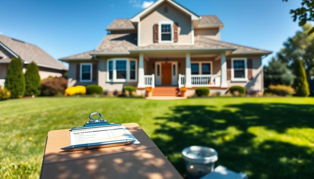 A crisp, well-lit exterior of a residential home on a sunny day. In the foreground, a wooden clipboard with a printed estimate document, a pen, and a calculator. The middle ground shows the home's façade, freshly painted in a neutral, earthy color palette. The background features a manicured lawn, lush greenery, and a clear blue sky. The overall scene conveys a sense of professionalism, attention to detail, and a focus on providing a high-quality exterior painting service.