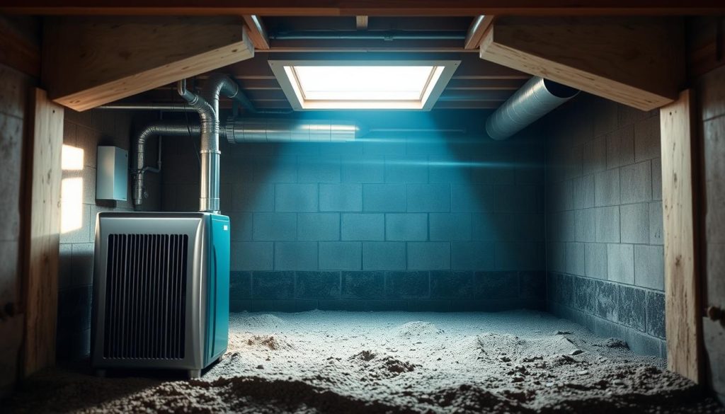 A cross-section view of a well-designed crawl space humidity control system, illuminated by soft, diffused natural light filtering through a partially open trapdoor. In the foreground, a high-efficiency dehumidifier stands sentinel, its sleek metal casing gleaming. In the middle ground, a network of strategically placed air vents and ducts ensures even distribution of conditioned air throughout the crawl space. The background reveals the sturdy foundation walls, their surfaces free of mold or moisture damage, a testament to the system's effectiveness. An atmosphere of order, functionality, and a commitment to maintaining a healthy, comfortable living environment permeates the scene.