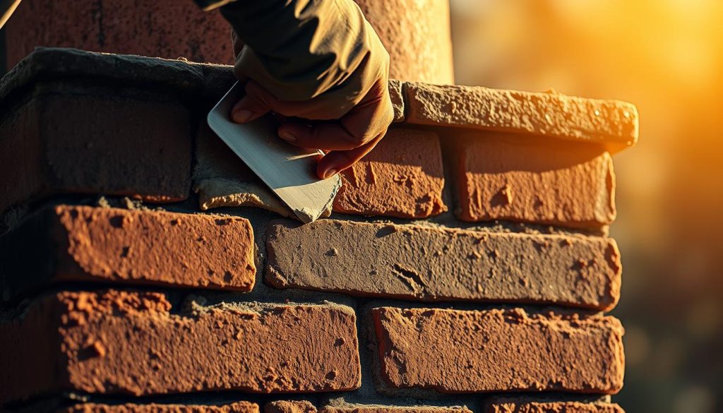 A detailed close-up of tuckpointing work on an old brick chimney, with a mason carefully applying mortar to the gaps between bricks using a small trowel. The scene is illuminated by warm, directional lighting, casting dramatic shadows and highlighting the textures of the aged brickwork. The background is blurred, keeping the focus on the intricate tuckpointing process in the foreground. The composition emphasizes the skilled handiwork and careful attention to detail required for properly repairing and maintaining a chimney structure.