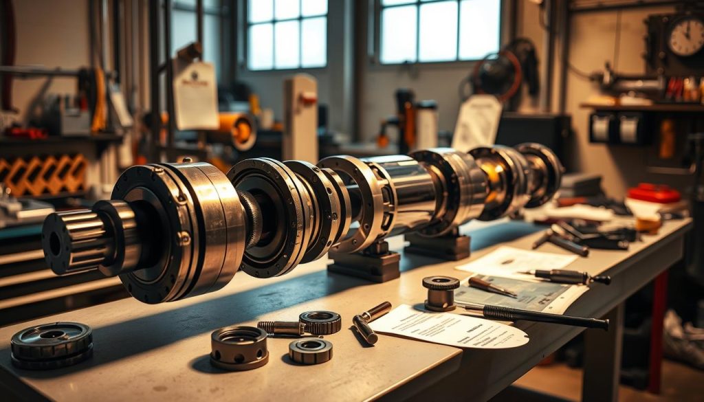 A detailed hydraulic cylinder in a well-lit workshop, showcasing its inner components and repair process. The cylinder is positioned on a clean workbench, surrounded by specialized tools, spare parts, and a technical manual. The lighting is warm and focused, highlighting the intricate details of the cylinder's design and the precision required for its repair. The overall atmosphere conveys a sense of professionalism, expertise, and attention to detail, reflecting the high-quality hydraulic cylinder repair services described in the article.