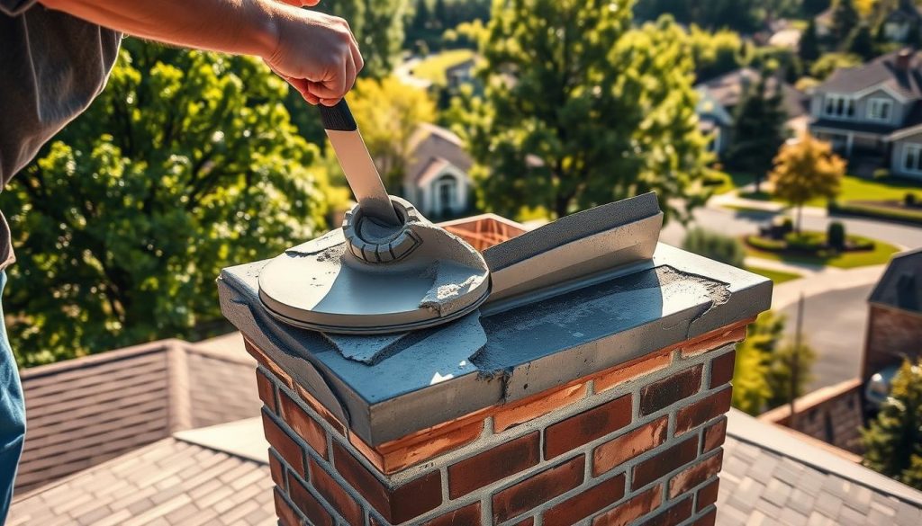 A detailed shot of a chimney crown undergoing repair, showcased in a warm, sunny afternoon light. In the foreground, a mason carefully applies a thick layer of cement-based mortar to the top of the chimney, smoothing it out with a trowel to seal any cracks or gaps. The middle ground reveals the intricate brickwork and flashing of the chimney, while the background features a picturesque suburban neighborhood with lush trees and well-maintained homes. The scene conveys a sense of skilled craftsmanship and domestic pride, capturing the essence of a DIY chimney crown repair project.