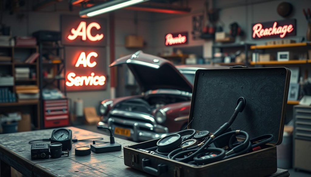 A dimly lit auto repair shop, the focus on a toolbox open to reveal an array of tools and equipment used for car AC repair. In the foreground, diagnostic devices and gauges sit on a weathered workbench, conveying the technical expertise required. The middle ground features a vintage car, its hood open, revealing the intricate engine components. Subtle neon signs on the walls read "AC Service" and "Recharge", casting a warm glow across the scene. The background is hazy, with shelves of spare parts and diagnostic manuals, suggesting the depth of knowledge needed to properly maintain a car's climate control system. The overall atmosphere is one of a well-equipped, experienced auto shop ready to address any AC-related issues.