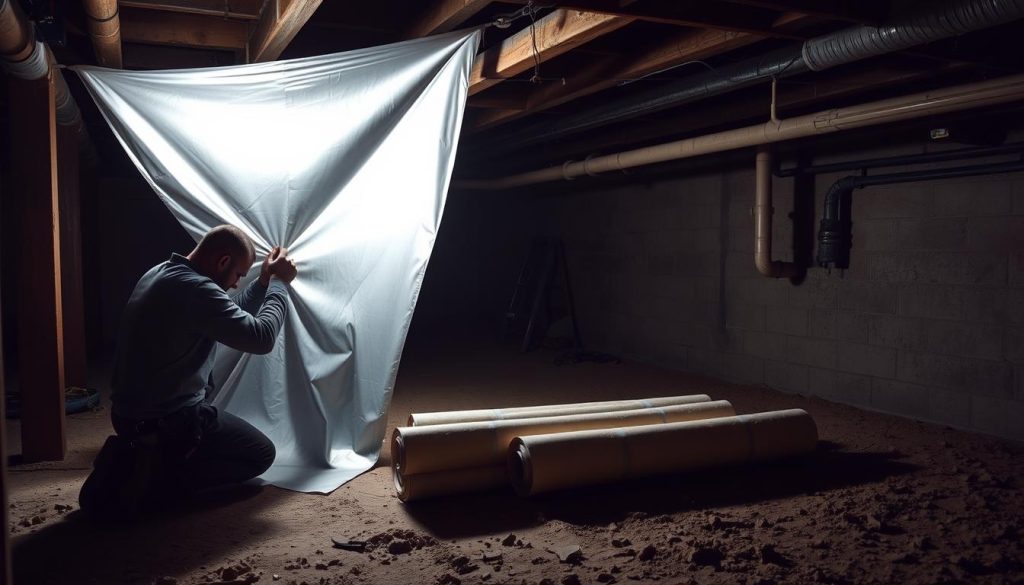 A dimly lit crawl space, the earth's dark embrace visible through the exposed floor joists. In the foreground, a worker kneels, carefully unrolling a sheet of gleaming, silvery vapor barrier material, its surface catching the soft glow of a work light. Rolls of the barrier material stand nearby, waiting to be measured and meticulously installed, creating a protective layer against moisture and mold. The middle ground reveals the dusty, cluttered space, with pipes and support beams casting long, dramatic shadows. In the background, the hazy outline of the crawl space's foundation walls, a testament to the importance of this critical phase of the repair process. The scene conveys a sense of focused determination, as the worker diligently prepares the space for a healthier, more secure future. A dimly lit crawl space, the earth's dark embrace visible through the exposed floor joists. In the foreground, a worker kneels, carefully unrolling a sheet of gleaming, silvery vapor barrier material, its surface catching the soft glow of a work light. Rolls of the barrier material stand nearby, waiting to be measured and meticulously installed, creating a protective layer against moisture and mold. The middle ground reveals the dusty, cluttered space, with pipes and support beams casting long, dramatic shadows. In the background, the hazy outline of the crawl space's foundation walls, a testament to the importance of this critical phase of the repair process. The scene conveys a sense of focused determination, as the worker diligently prepares the space for a healthier, more secure future.