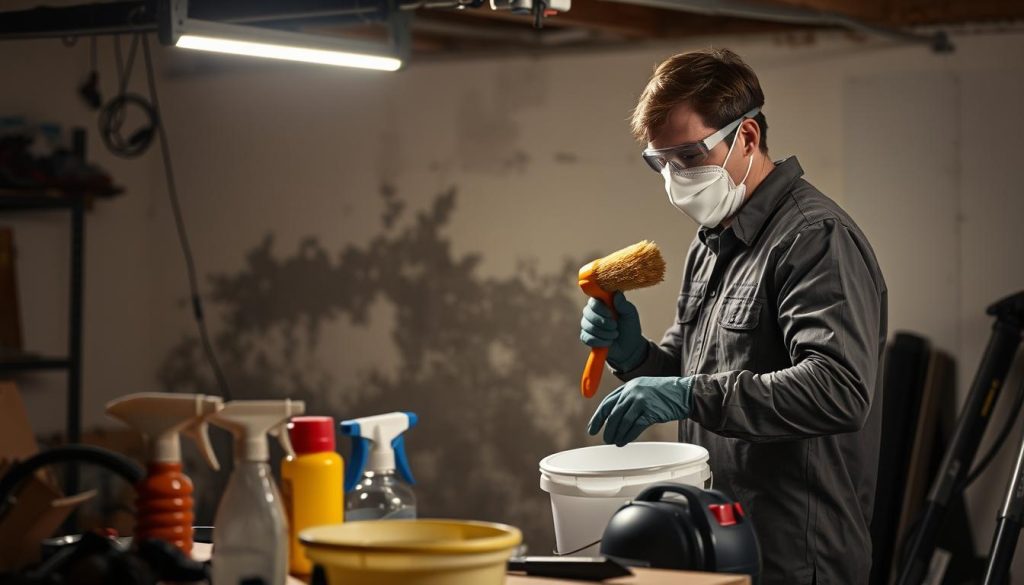 A dimly lit garage interior with a focus on a section of drywall, revealing visible mold growth. In the foreground, a person in protective gear (goggles, mask, gloves) is carefully scrubbing the moldy area with a stiff-bristled brush and a bucket of cleaning solution. The middle ground showcases various DIY mold removal tools, including a spray bottle, a putty knife, and a small shop vacuum. The background is hazy, with shadows and highlights suggesting a cluttered workspace. The overall mood is one of caution and determination, as the person takes on the task of mold remediation in a home setting. A dimly lit garage interior with a focus on a section of drywall, revealing visible mold growth. In the foreground, a person in protective gear (goggles, mask, gloves) is carefully scrubbing the moldy area with a stiff-bristled brush and a bucket of cleaning solution. The middle ground showcases various DIY mold removal tools, including a spray bottle, a putty knife, and a small shop vacuum. The background is hazy, with shadows and highlights suggesting a cluttered workspace. The overall mood is one of caution and determination, as the person takes on the task of mold remediation in a home setting.