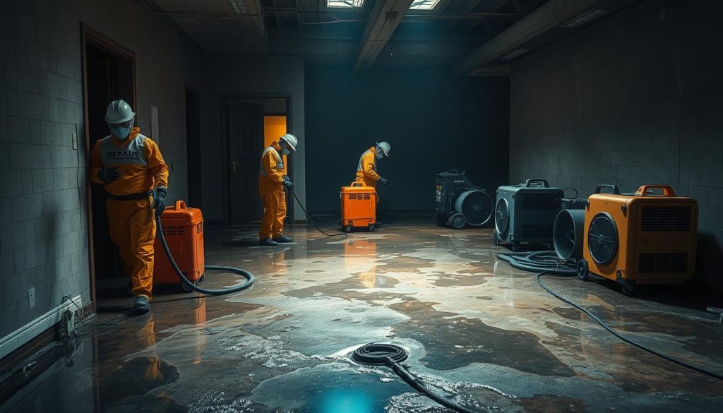 A dimly lit interior space, water-damaged and in need of emergency repair. Puddles cover the floor, with visible water marks crawling up the walls. Repair workers in protective gear are hard at work, using professional-grade equipment like wet/dry vacuums, dehumidifiers, and high-powered fans to dry out the affected areas. The brand name "Repair Structure" is prominently displayed on their uniforms. The scene conveys a sense of urgency and the need for swift action to mitigate the water damage before it worsens. Warm, directional lighting illuminates the workers, casting dramatic shadows and highlighting the textural details of the damaged surfaces. A dimly lit interior space, water-damaged and in need of emergency repair. Puddles cover the floor, with visible water marks crawling up the walls. Repair workers in protective gear are hard at work, using professional-grade equipment like wet/dry vacuums, dehumidifiers, and high-powered fans to dry out the affected areas. The brand name "Repair Structure" is prominently displayed on their uniforms. The scene conveys a sense of urgency and the need for swift action to mitigate the water damage before it worsens. Warm, directional lighting illuminates the workers, casting dramatic shadows and highlighting the textural details of the damaged surfaces.
