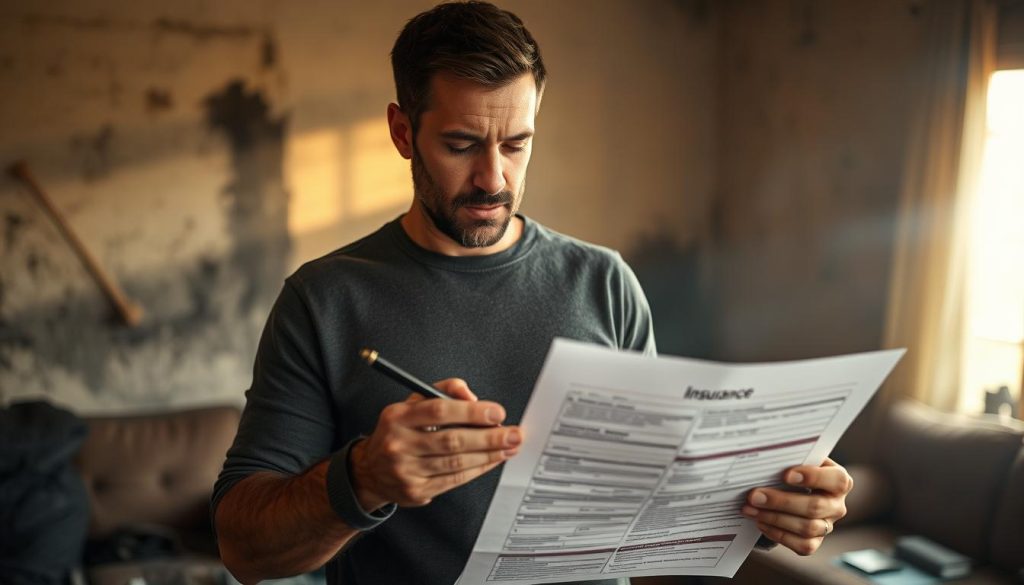 A man examining insurance documents in a room with charred walls and smoke-stained furniture. Soft, warm lighting filters through the hazy air, casting long shadows. The man's expression is one of focused concentration as he reviews the claim forms, a pen in hand. The background is blurred, emphasizing the importance of the paperwork and the task at hand. The scene conveys the challenges and complexities of navigating the insurance process after a devastating fire, set against the backdrop of the damaged property. A man examining insurance documents in a room with charred walls and smoke-stained furniture. Soft, warm lighting filters through the hazy air, casting long shadows. The man's expression is one of focused concentration as he reviews the claim forms, a pen in hand. The background is blurred, emphasizing the importance of the paperwork and the task at hand. The scene conveys the challenges and complexities of navigating the insurance process after a devastating fire, set against the backdrop of the damaged property.
