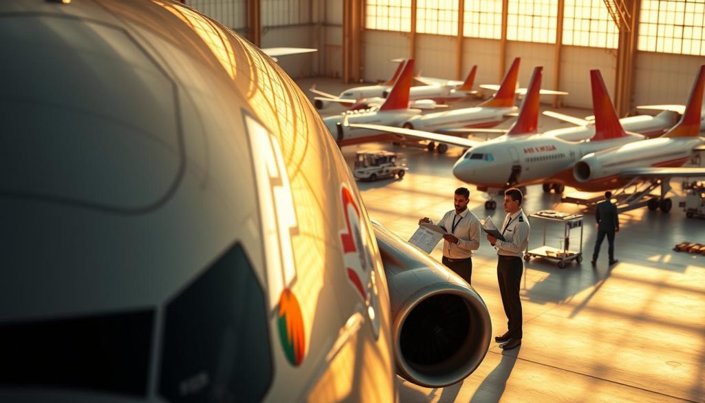 A meticulously detailed, high-resolution digital rendering of an Air India airplane safety review. The scene depicts a large, gleaming aircraft in the foreground, its exterior panels and engines showcased in sharp focus. In the middle ground, a team of aviation experts in crisp uniforms pore over technical documents and digital displays, scrutinizing the plane's safety systems and performance data. The background features a hangar filled with various aircraft, hinting at the airline's broader safety operations. The lighting is natural, with warm sunlight streaming through the hangar's windows, casting a sense of professionalism and diligence over the entire scene. A meticulously detailed, high-resolution digital rendering of an Air India airplane safety review. The scene depicts a large, gleaming aircraft in the foreground, its exterior panels and engines showcased in sharp focus. In the middle ground, a team of aviation experts in crisp uniforms pore over technical documents and digital displays, scrutinizing the plane's safety systems and performance data. The background features a hangar filled with various aircraft, hinting at the airline's broader safety operations. The lighting is natural, with warm sunlight streaming through the hangar's windows, casting a sense of professionalism and diligence over the entire scene.