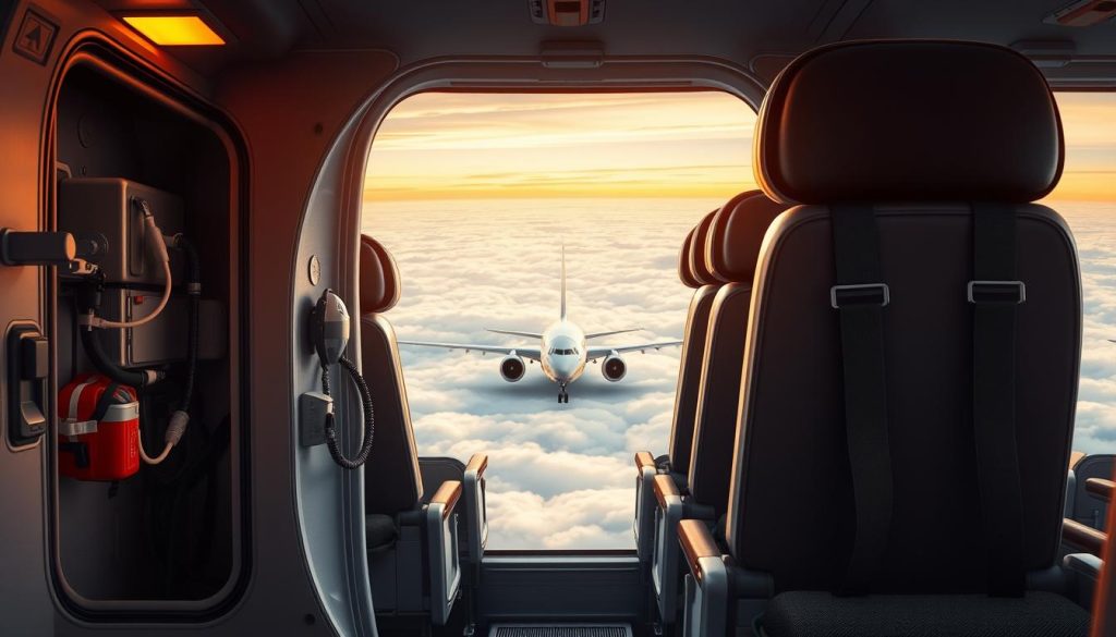 A meticulously detailed, high-resolution image of air crash safety measures. In the foreground, a cross-section of an aircraft fuselage showcases emergency exit doors, oxygen masks, and life vests. In the middle ground, aircraft seats with adjustable headrests and seatbelts are visible. The background depicts a vast, cloudy sky with a commercial airliner silhouetted against the horizon, symbolizing the importance of these safety features during flight. The scene is illuminated by warm, directional lighting, creating a sense of urgency and preparedness. The overall tone is one of technical precision and unwavering commitment to passenger safety. A meticulously detailed, high-resolution image of air crash safety measures. In the foreground, a cross-section of an aircraft fuselage showcases emergency exit doors, oxygen masks, and life vests. In the middle ground, aircraft seats with adjustable headrests and seatbelts are visible. The background depicts a vast, cloudy sky with a commercial airliner silhouetted against the horizon, symbolizing the importance of these safety features during flight. The scene is illuminated by warm, directional lighting, creating a sense of urgency and preparedness. The overall tone is one of technical precision and unwavering commitment to passenger safety.