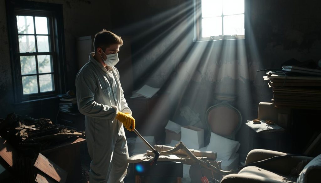 A mid-20s man in a protective suit and mask carefully wiping smoke-stained surfaces in a cluttered, dimly lit room. Sunlight streams through a window, casting long shadows and highlighting the extent of the damage. Piles of charred debris and damaged furniture create a sense of disorder, while the man's focused movements convey the arduous task of restoring the space. The scene evokes the substantial costs and effort required for comprehensive smoke damage cleanup, a crucial step in rebuilding after a fire. A mid-20s man in a protective suit and mask carefully wiping smoke-stained surfaces in a cluttered, dimly lit room. Sunlight streams through a window, casting long shadows and highlighting the extent of the damage. Piles of charred debris and damaged furniture create a sense of disorder, while the man's focused movements convey the arduous task of restoring the space. The scene evokes the substantial costs and effort required for comprehensive smoke damage cleanup, a crucial step in rebuilding after a fire.