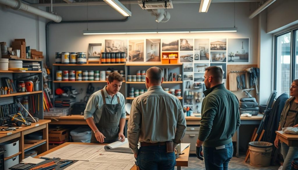 A modern, well-lit workshop with an array of home renovation tools and materials. In the foreground, a group of skilled contractors discussing plans over a table covered in blueprints. In the middle ground, shelves stocked with a variety of hardware, paint cans, and other supplies. The background features a display of before-and-after renovation photos, showcasing the company's expertise. Warm, inviting lighting casts a cozy glow, creating a professional yet approachable atmosphere. The scene conveys a sense of expertise, reliability, and the ability to handle a wide range of home renovation projects.