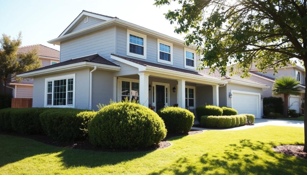 A modern, well-maintained two-story suburban home in a sunny, warm climate. The exterior is painted in a soft, muted gray color with white trim. The home is set against a backdrop of lush, green landscaping, including neatly trimmed shrubs and a well-manicured lawn. The sun is shining brightly, casting long shadows and creating a sense of depth and dimension. The image has a slightly desaturated, natural tone, conveying a sense of timelessness and tranquility. The overall scene exudes a feeling of comfortable, middle-class domesticity and curb appeal.