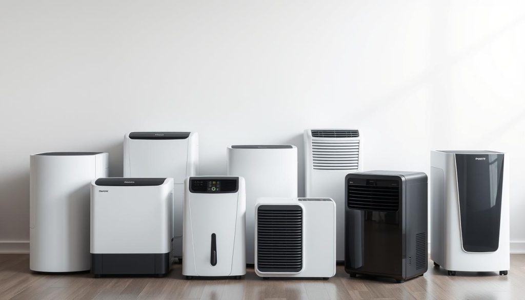 A neatly arranged collection of high-performance dehumidifiers against a clean, minimalist background. The devices are showcased in a well-lit, studio-style setting, with soft shadows and highlights emphasizing their sleek, modern designs. The dehumidifiers are presented in a variety of sizes and capacities, each tailored for efficient mold and moisture control in residential spaces. The overall scene conveys a sense of functional elegance and technological sophistication, highlighting the products' effectiveness in combating persistent dampness and humidity. A neatly arranged collection of high-performance dehumidifiers against a clean, minimalist background. The devices are showcased in a well-lit, studio-style setting, with soft shadows and highlights emphasizing their sleek, modern designs. The dehumidifiers are presented in a variety of sizes and capacities, each tailored for efficient mold and moisture control in residential spaces. The overall scene conveys a sense of functional elegance and technological sophistication, highlighting the products' effectiveness in combating persistent dampness and humidity.